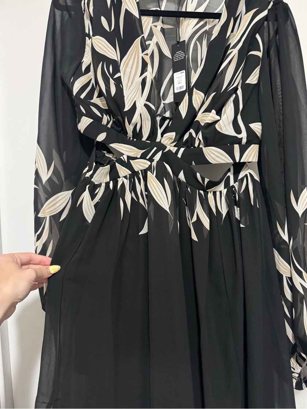 Fashion Nova Black Sheer Maxi Dress with Cream Leaf Print - Picture 3 of 12